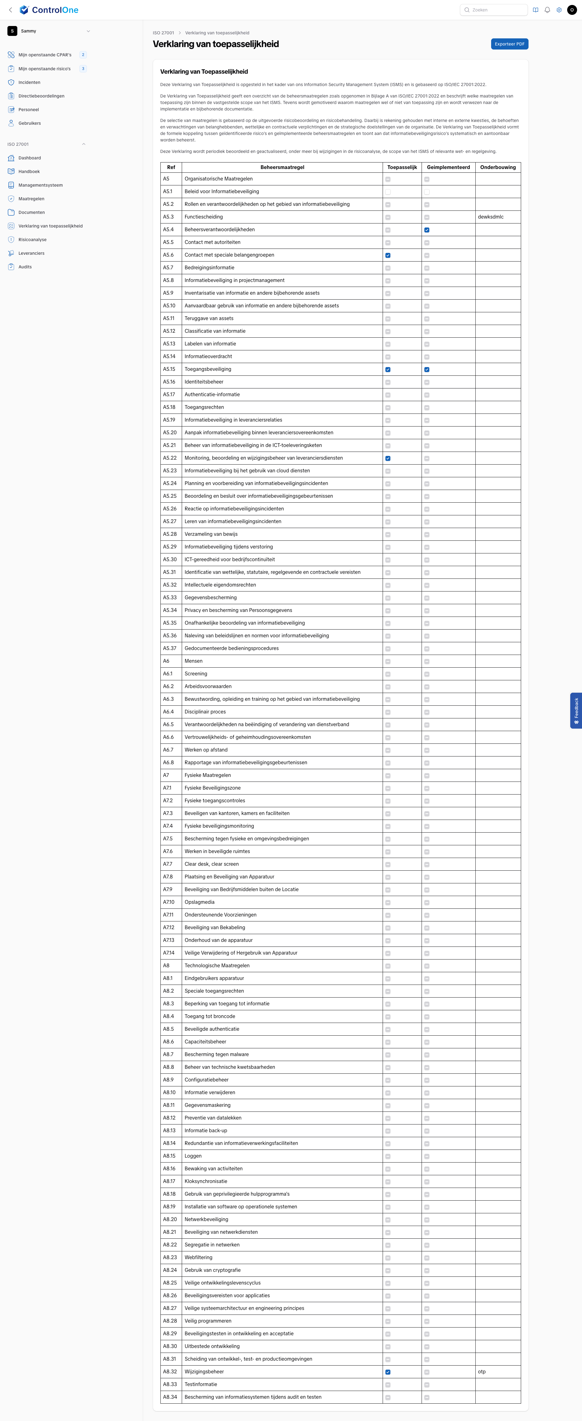 Control One: Verklaring van Toepasselijkheid